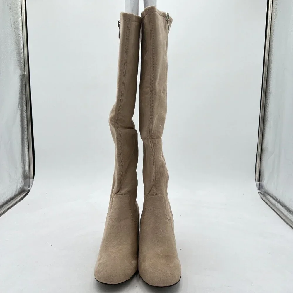 Beige Women Side Zipper Closed Toe Thigh High Chunky Heel Over Knee High Boots